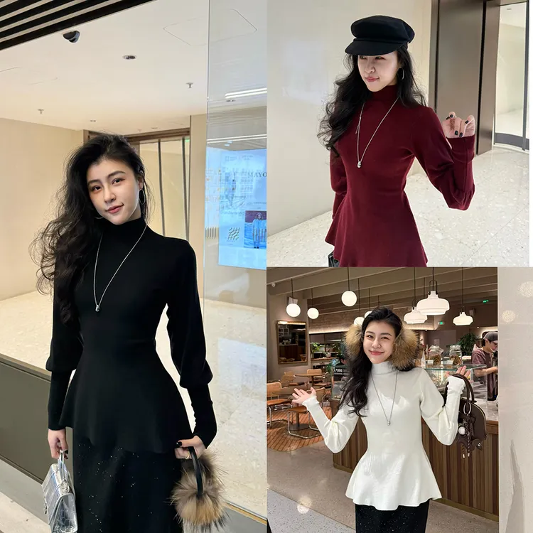 张阿星【氛围新宠】优雅气质时尚半高领韩系灯笼袖收腰修身百搭毛衣