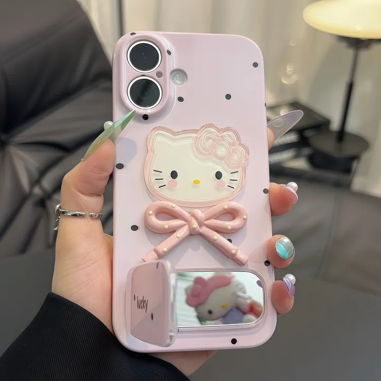少女粉波点kitty支架适用苹果16pro菲林手机壳华为oppovivo小米15