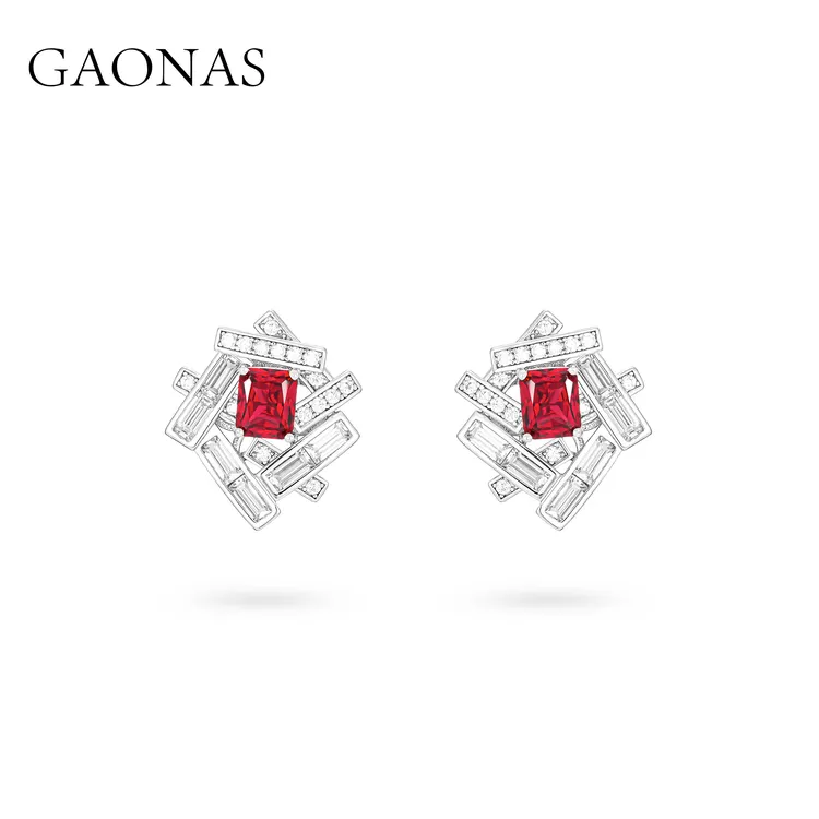 GAONAS 925银合成锆石耳饰 热颂红 冬日暖色红色设计 耳钉11208ER