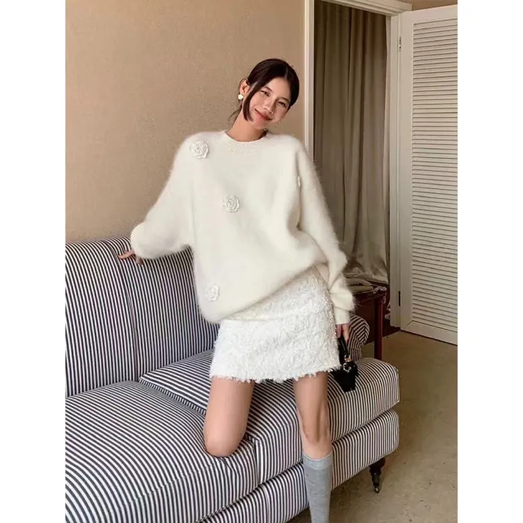 法式重工手工钩花玫瑰花长袖毛针织衫女冬季高腰休闲半身裙两件套