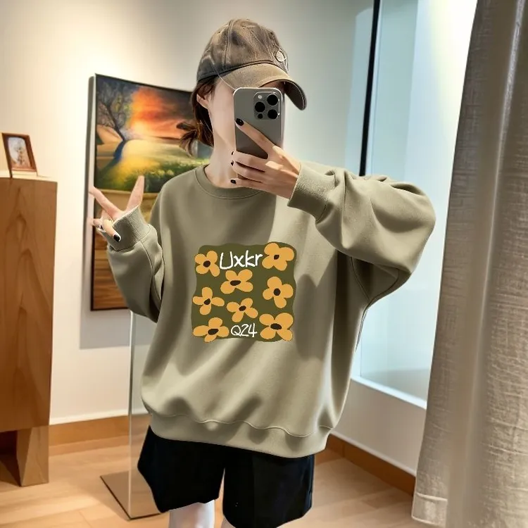 韩系卡其色圆领卫衣外套女洋气显瘦打底衫慵懒风长袖上衣服女秋装