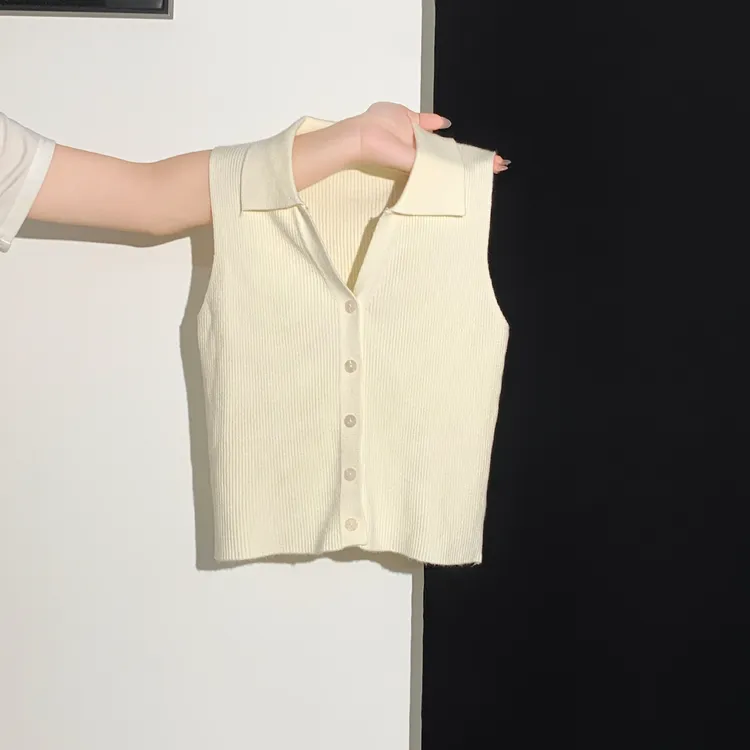 2025夏日绝美polo领无袖针织开衫背心女修身显瘦气质坎肩外穿上衣