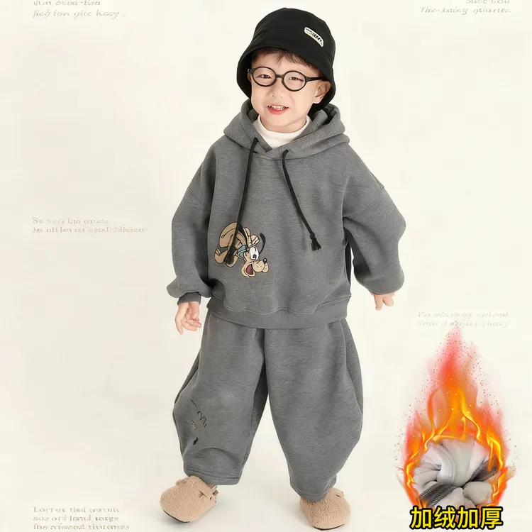软~儿童宝宝加绒套装两件套2025秋冬韩版宽松一体绒连帽卫衣+卫裤