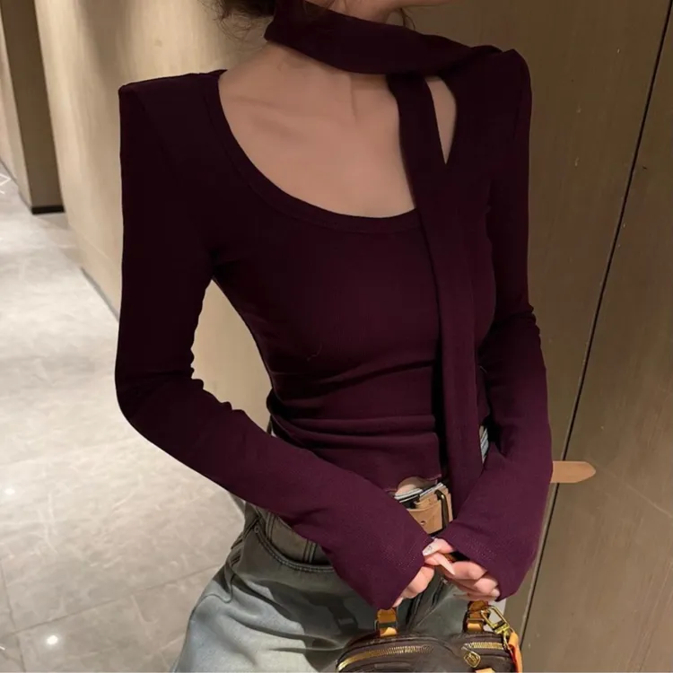 纯欲辣妹风u领挂脖飘带打底衫T恤女春季新款修身显瘦气质百搭上衣