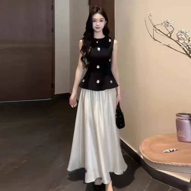 法式赫本风无袖背心上衣+半身裙套装女2025新款气质显瘦两件套609