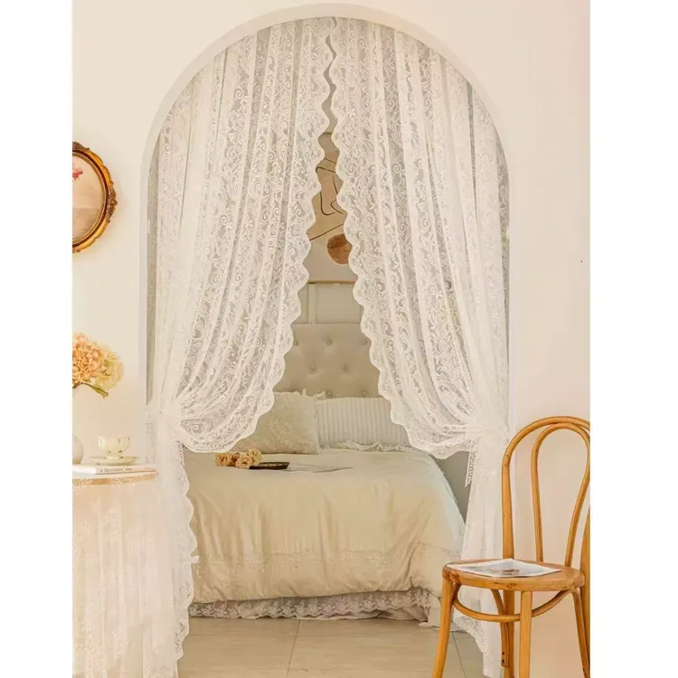 爆款免打孔门窗帘法式蕾丝纱帘阳台遮阳飘窗隔断窗帘