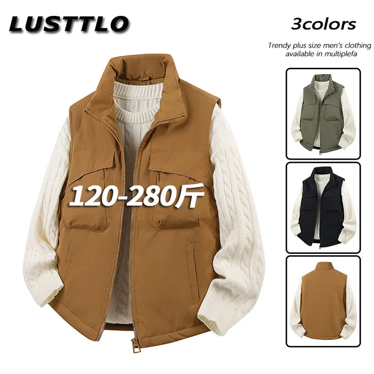 秋冬新款加绒保暖立领马甲男宽松大码多口袋百搭纯色马夹无袖外套