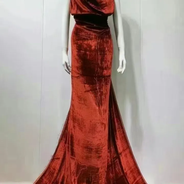 轻奢优雅显瘦修身中高腰侧开叉及踝长丝绒鱼尾半身裙女士