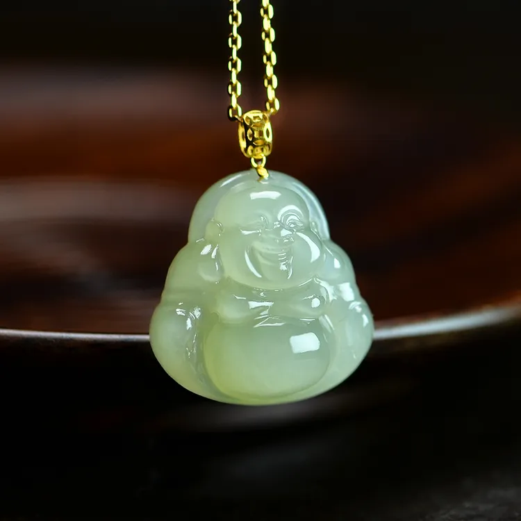 天然和田玉佛20mm迷你小弥勒佛公18K金镶嵌吊坠项链100%真品女款