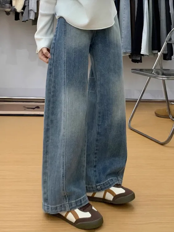 美式复古阔腿牛仔裤女秋季新款胖妹妹mm高腰宽松显瘦直筒阔腿长裤