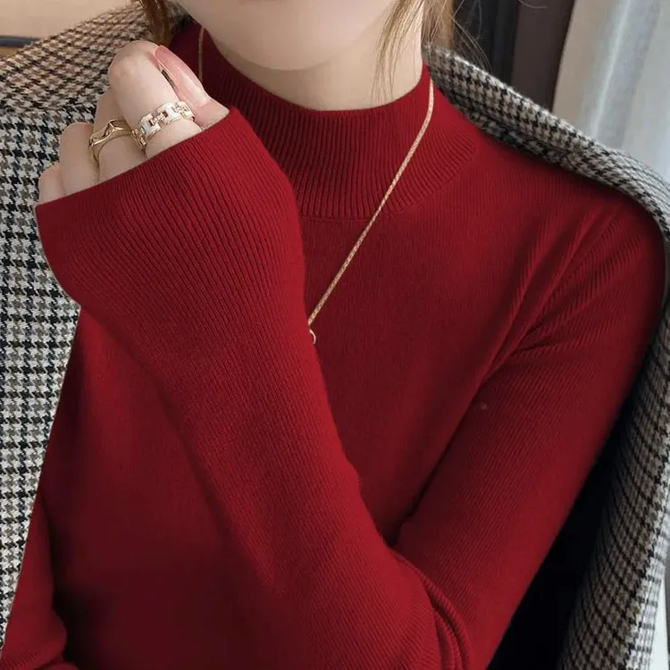 红色半高领打底衫女2025秋冬本命年针织上衣羊毛内搭紧身洋气毛衣