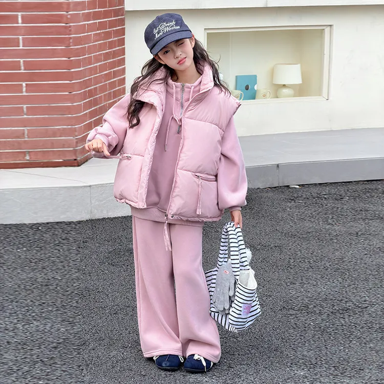 女童套装秋冬2025新款大童洋气半拉链卫衣加厚棉服马甲外套三件套