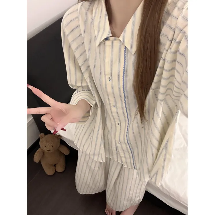 韩系少女撞色条纹设计感休闲睡衣女款秋季新款长袖长裤家居服套装