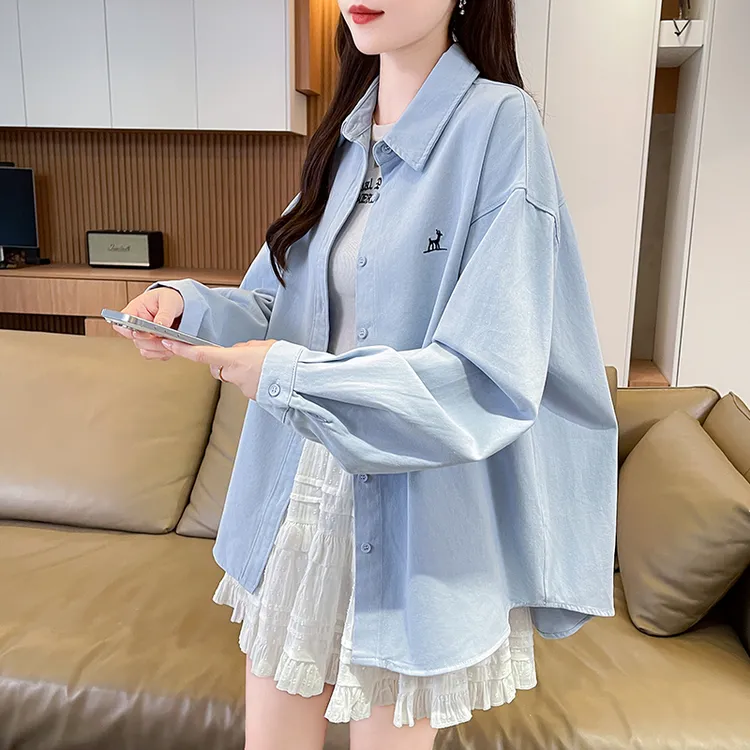韩系加厚翻领衬衫女秋季2025新款初高中学生休闲宽松慵懒工装外套
