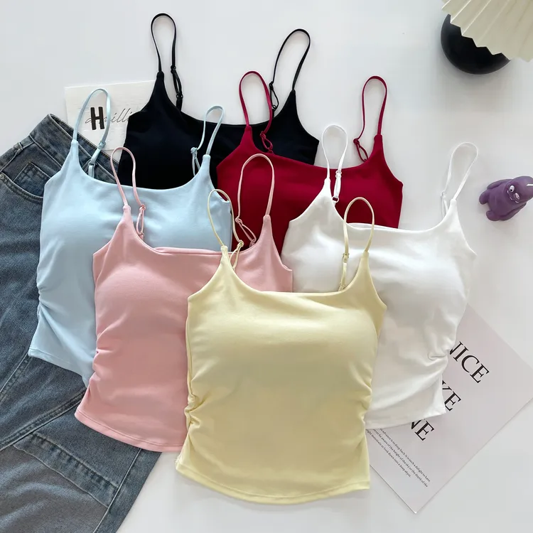甜美风褶皱吊带背心女纯欲百搭带胸垫外穿内搭夏季辣妹短款上衣潮