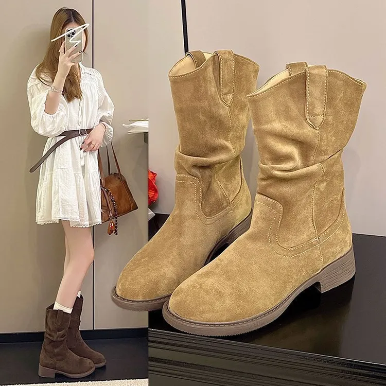 秋冬挂耳短搭真皮粗跟厚底8691骑士复古英伦风网红女款勃肯堆堆靴