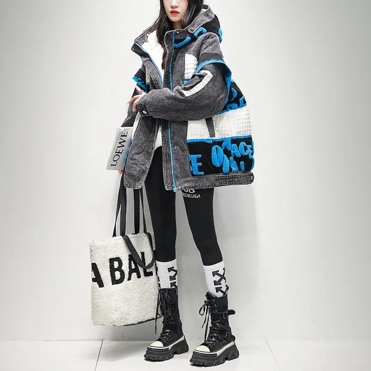潮牌羽绒服潮牌中长款女2025年新款冬季加厚宽松牛仔拼接时尚外套