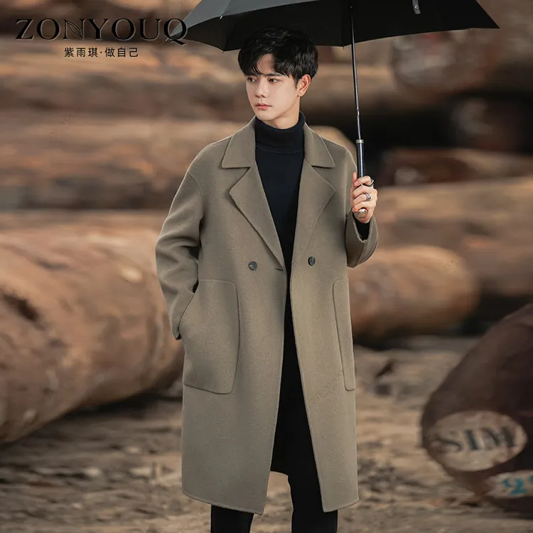 羊毛双面呢大衣男士冬季中长款加厚过膝风衣韩版商务休闲百搭外套