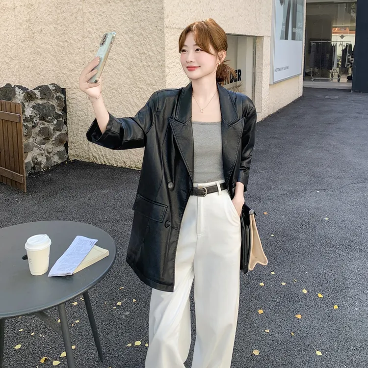时尚轻奢气质感休闲百搭皮衣女2025秋季新款高级感显瘦西装外套