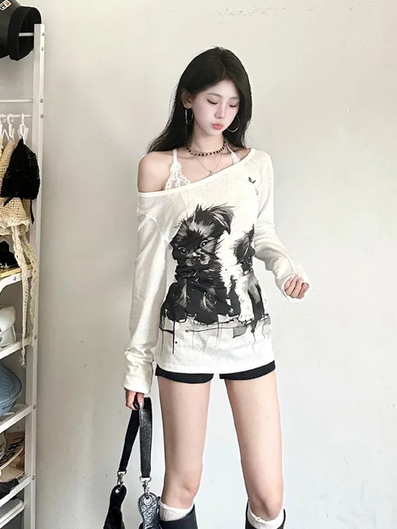 美式复古正肩长袖T恤女春天内搭短款打底衫辣妹修身显瘦上衣潮流