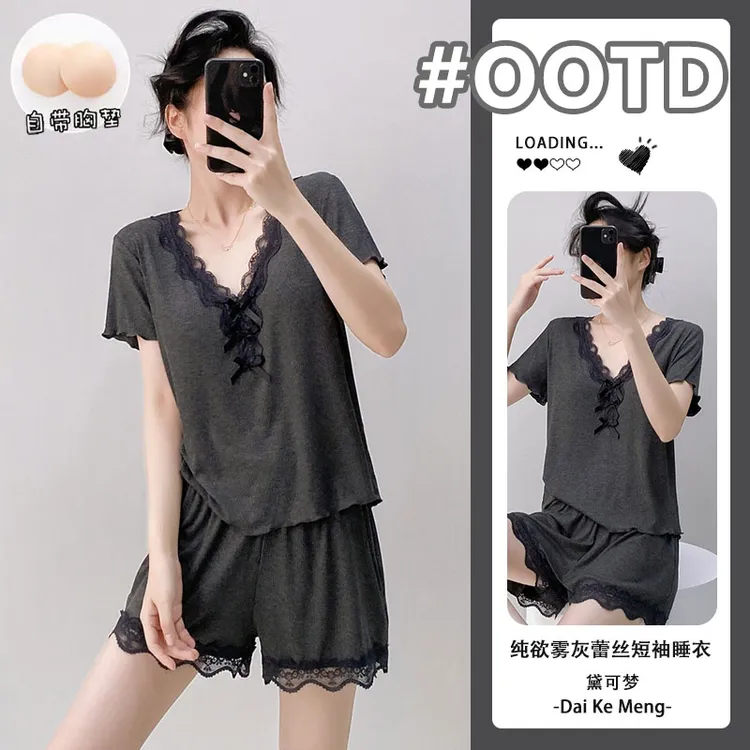 睡衣女夏季莫代尔棉蕾丝花边家居服带胸垫短袖短裤可外穿两件套装