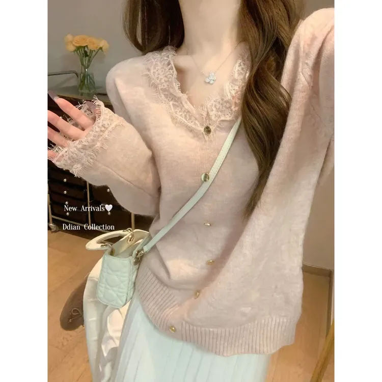 【高个子定制】温柔风蕾丝拼接V领长袖开衫