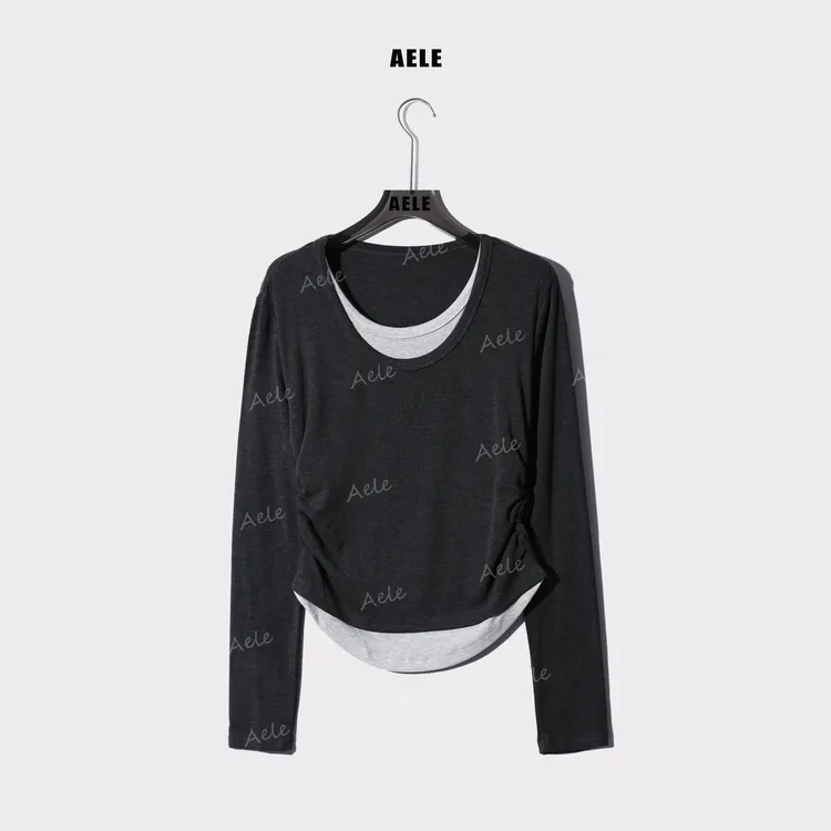 AELE【小蛮腰】收腰假两件拼接休闲长袖上衣 T853 2636 AD