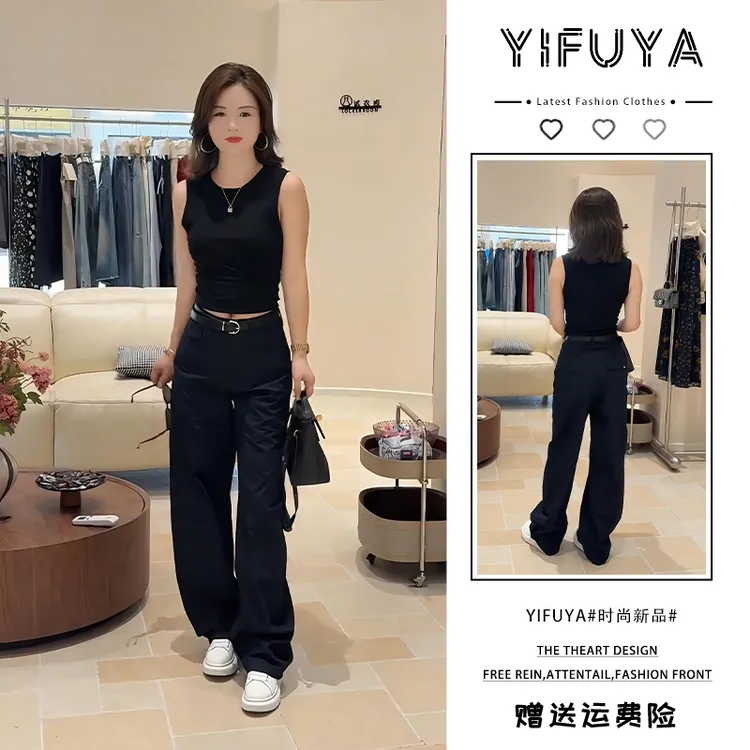 气质复古港风黑色针织修身上衣西装阔腿裤套装夏季长裤时尚两件套