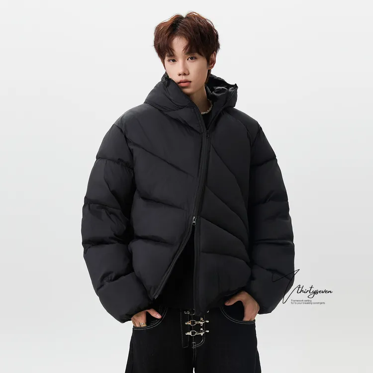 V37美式潮牌斜拉链连帽棉服男冬季加厚保暖外衣宽松百搭情侣外套