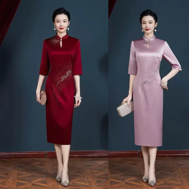 【高定礼服裙】进口三醋酸后开叉改良旗袍喜妈妈婆婆婚宴敬酒服瘦Y