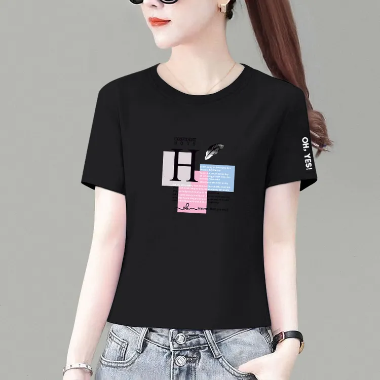 玫红色印花短袖t恤女小个子2025新款纯棉宽松显瘦百搭短款上衣