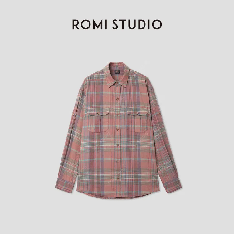 ROMI STUDIO“美式复古”棉麻感双面印花格子翻领衬衫 RWCASY5022