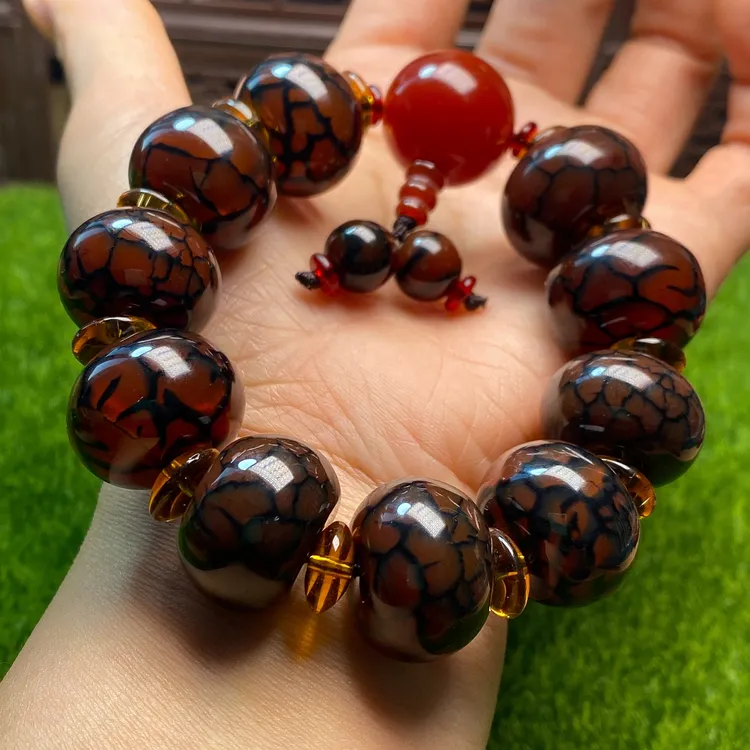 车轮珠霸气男款藏式红色龙纹开片手链，珠子尺寸15/20毫米左右