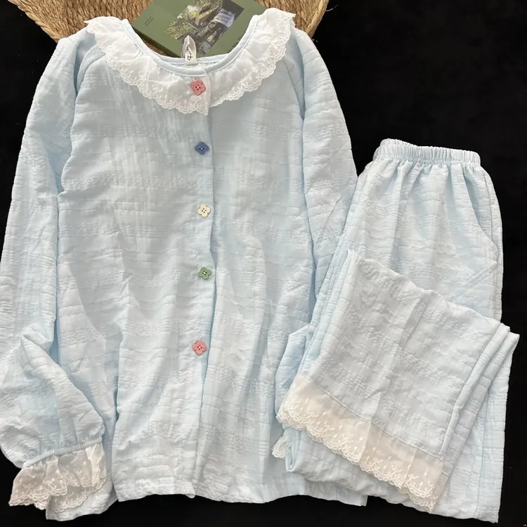 带胸垫·软芙芙甜美睡衣春秋冬新款圆领花边少女宅家宿舍长袖裤套