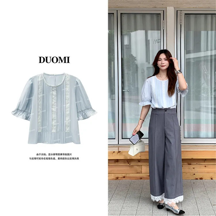DUOMI【青空云梦】新款时尚百搭拼蕾丝短袖衬衫女上衣D8695