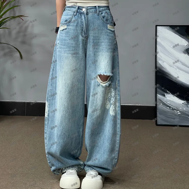 70526夏季印花破洞牛仔裤休闲复古高街宽松设计感大码薄款牛仔裤.