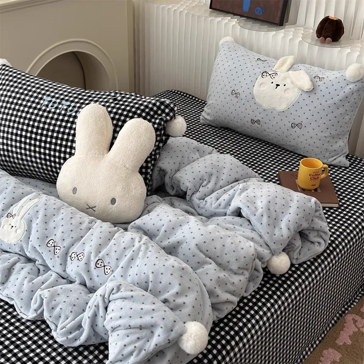 ins少女心蓝色波点可爱蝴蝶结兔兔牛奶绒四件套冬天珊瑚绒三件套