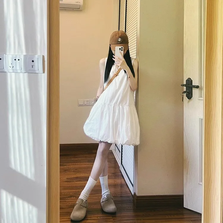 温柔风白色花苞裙女夏季新款连衣裙jennie同款少女蓬蓬裙宽松短裙