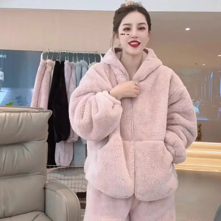 慵懒风两件套双面珊瑚绒连帽加厚家居服女2025冬季款宽松休闲睡衣