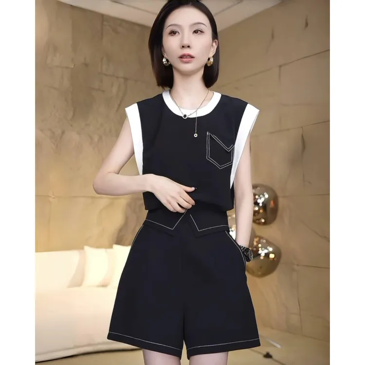 【两件套】今年流行的夏装套装女2025新款无袖上衣短裤两件套D1902