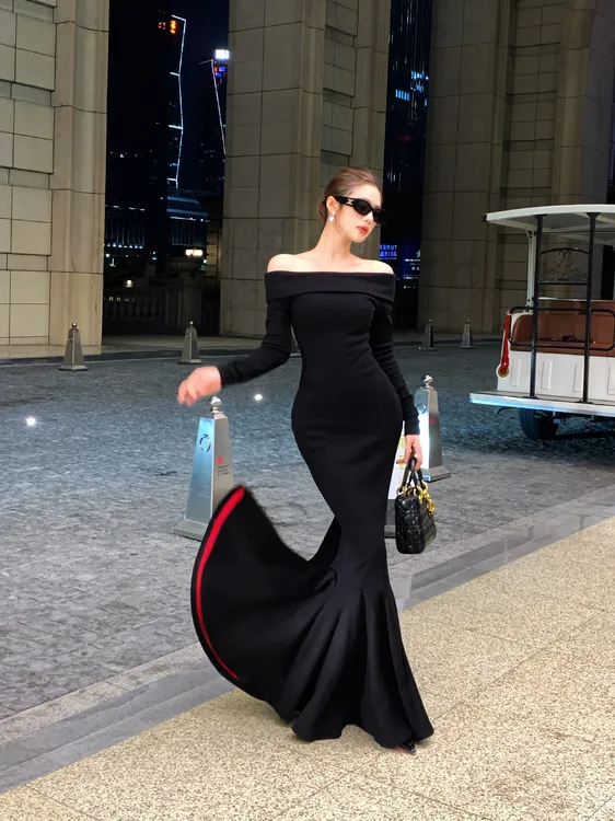 法式优雅性感气质一字肩连衣裙步步生莲迷人红底包臀鱼尾长裙