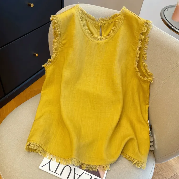 黄色流苏边亚麻无袖衬衫女夏季新款宽松洋气棉麻背心上衣洋气小衫