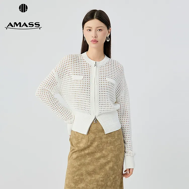 阿玛施AMASS  时髦百搭胸前袋盖装饰显瘦拉链长袖针织开衫548032