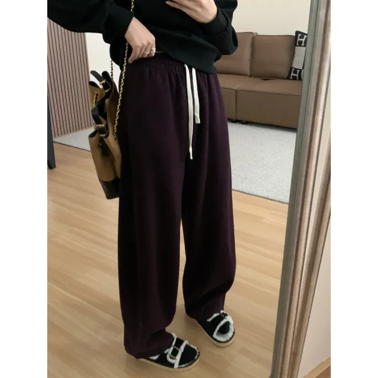 JMHH【果酱】斜纹醋酸绵羊毛直筒裤女秋松紧腰宽松显瘦窄版休闲裤