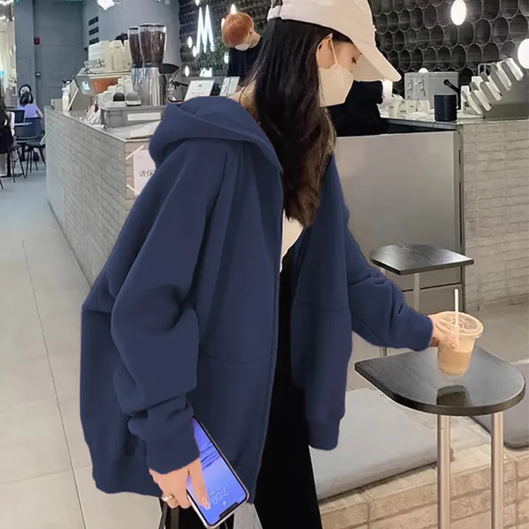 藏蓝色新款连帽卫衣宽松加绒拉链开衫外套女秋冬大码显瘦休闲上衣