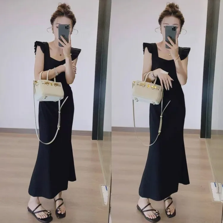 轻奢时髦赫本风飞飞袖小黑裙连衣裙女2025年夏季休闲百搭包臀长裙