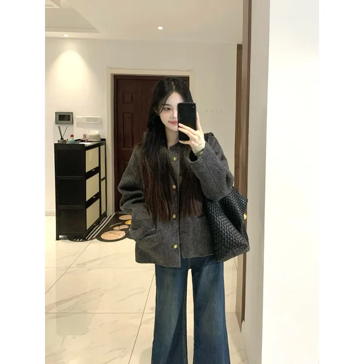 灰色韩系呢子大衣女2025初冬新款毛呢外套小个子赫本风高级感气质
