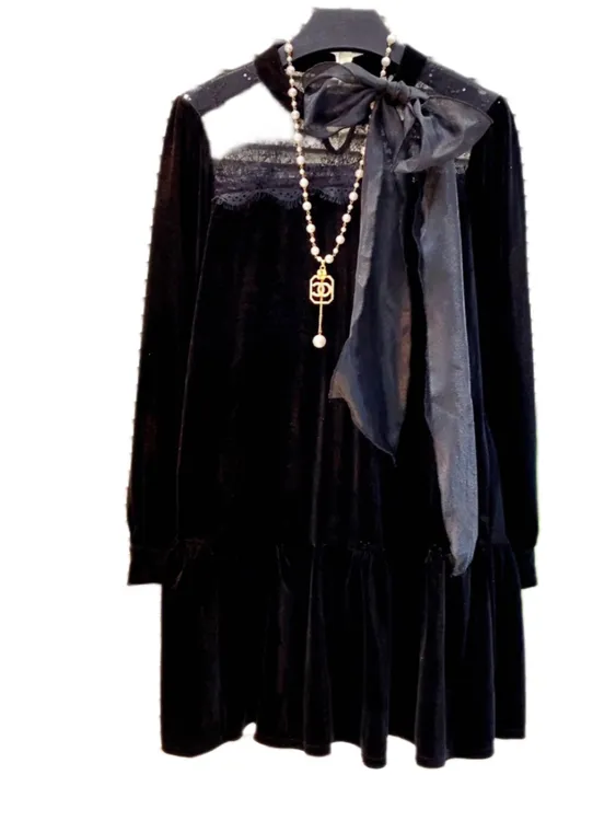 春款长袖常规短裙连衣裙套头中长裙A字裙宽松腰圆领