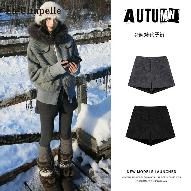拉夏贝尔灰色毛呢加厚短裤女冬季高腰a字阔腿设计感打底外穿靴裤