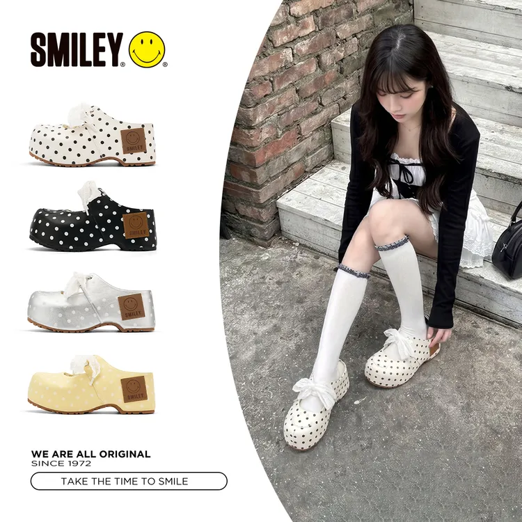 SMILEY笑脸厚底半拖增高拖鞋波点复古镂空蕾丝绑带玛丽珍穆勒女鞋